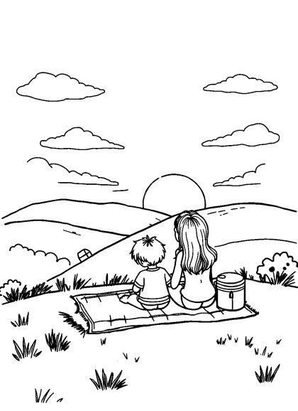 Colouring page preview: The Sun of My Days — Hilltop Picnic