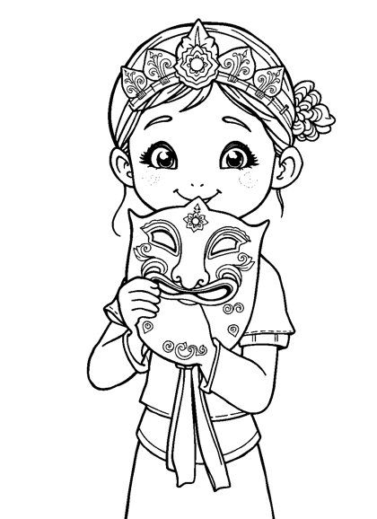 Colouring page preview: Malee Visits the Royal Theatre — Khon Mask