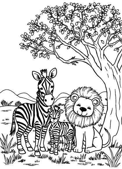 Colouring page preview: A Wild Day at Safari World — Zebras & Lion