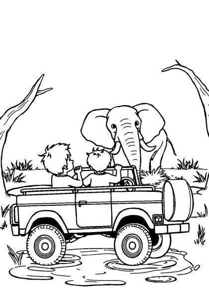 Colouring page preview: A Wild Day at Safari World — Jeep & Elephant